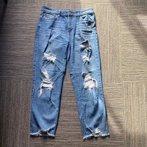 High rise, straight leg ripped jeans.